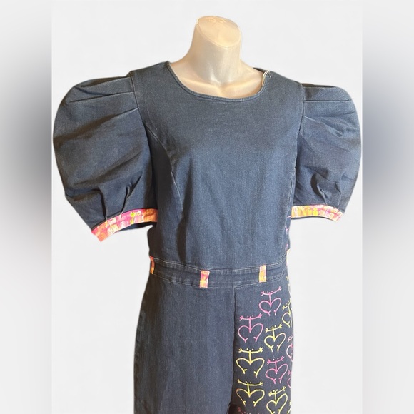 Denim Jumpsuit Wide Leg Short Puff Sleeve Women’s Large Hand painted hearts - Picture 2 of 10